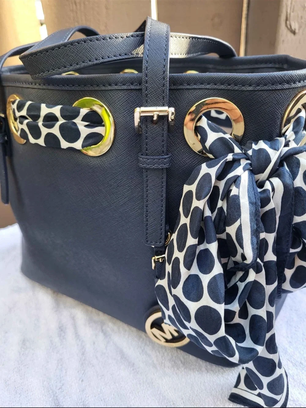 Michael Kors Navy Leather Tote Bag with Gold Hardware